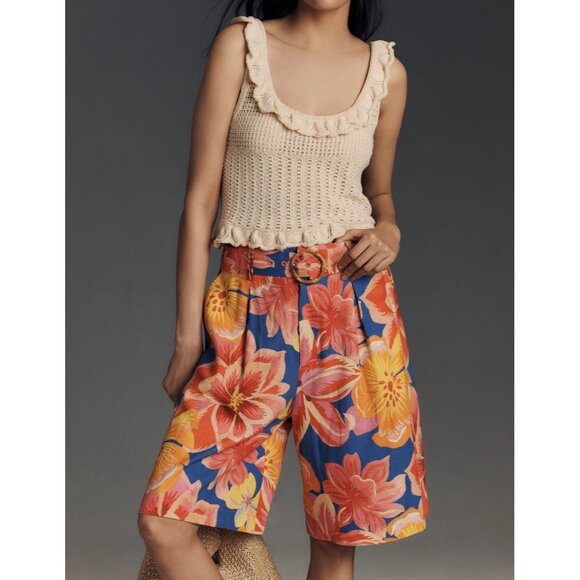 Farm Rio Anthropologie Linen Blend Belted Floral Bermuda Shorts Size XL - Picture 1 of 8